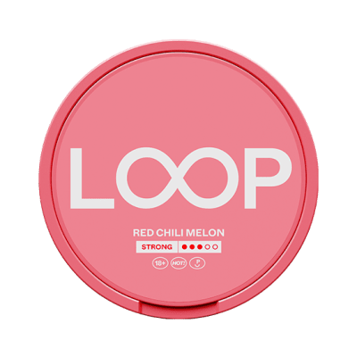 Loop Red Chili Melon Strong 10-pack – Tobaksfria nikotinpåsar med smak av söt melon och chili i rödvit förpackning.