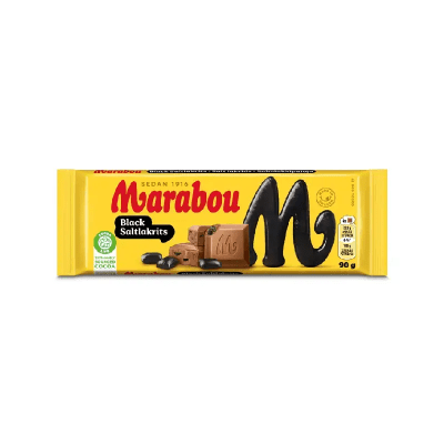 Marabou Black Saltlakrits 90g – mjölkchoklad med salt lakrits i 24-pack, perfekt för kiosker, butiker och livsmedelsbutiker.