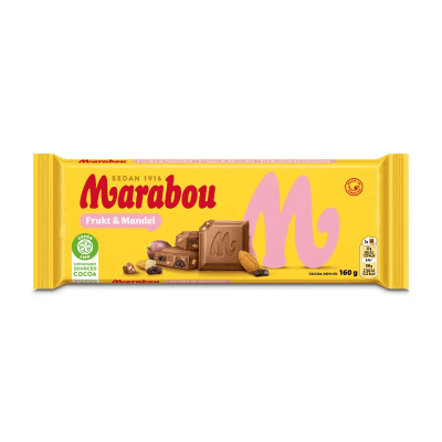 Marabou Frukt & Mandel 160g chokladkaka med russin och mandlar i 15-pack för kiosker och butiker