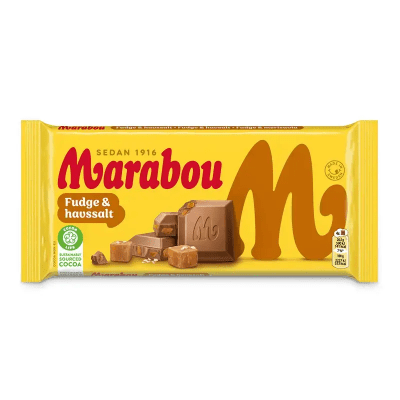 Marabou Fudge Havssalt 160g – mjölkchoklad med fudge och havssalt i 15-pack, perfekt för kiosker och livsmedelsbutiker.