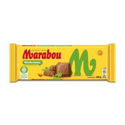 Marabou Mintkrokant 160g – mjölkchoklad med frisk mintkrokant i 15-pack, perfekt för kiosker, butiker och livsmedelsbutiker.
