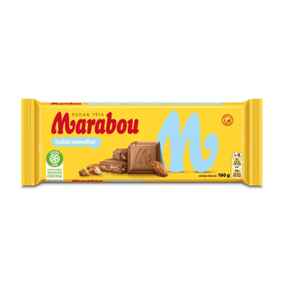 Marabou Salta Mandlar 160g – mjölkchoklad med salta mandlar i 15-pack, idealisk för kiosker, butiker och livsmedelsbutiker.