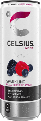 Zoom bild av Celsius Mixed Berries 355ml sockerfri kolsyrad energidryck med smak av blandade bär i slank silverburk med röd och svart etikett