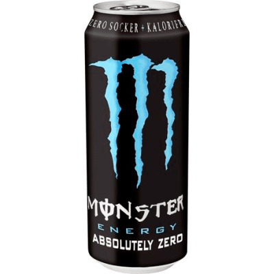 Zoom bild av Monster Energy Absolutely Zero 500 ml svart burk med blå logotyp och texten Zero Socker och Kalorier