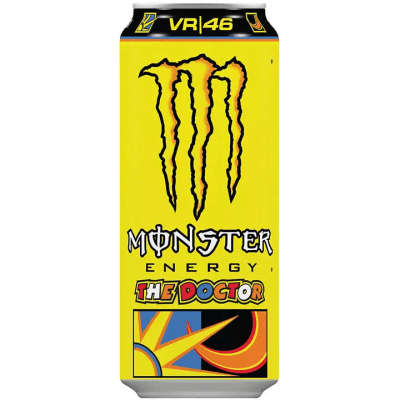 Zoom bild av Gul Monster Energy The Doctor VR46 burk 500 ml med Monster-logotypen och The Doctor-text i rött, gult och blått