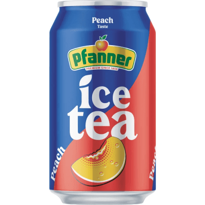 Zoom bild av Pfanner Ice Tea Persika 33cl burk med blå och röd design och persikamotiv