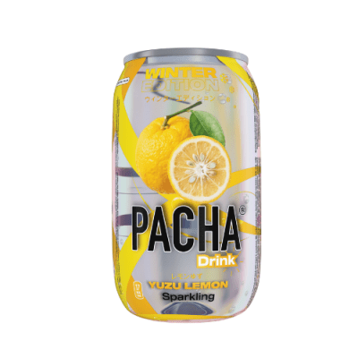 Zoom bild av Pacha Drink Yuzu Lemon Winter Edition 330ml burk med gul och vit design, yuzu-frukt och texten Sparkling