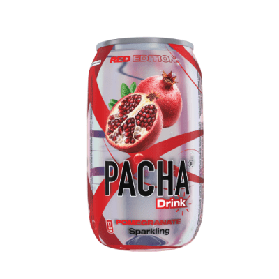 Zoom bild av Pacha Drink Pomegranate Red Edition 330ml burk med granatäpple och röd design på vit bakgrund