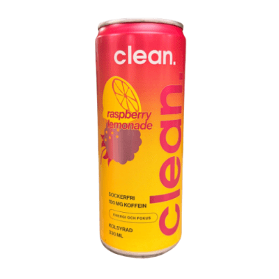 Zoom bild av Clean Drink Raspberry Lemonade 33cl sockerfri energidryck med 180 mg koffein, kolsyrad burk i rosa och gult