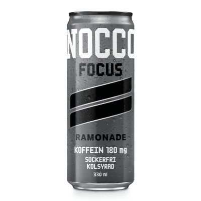 Zoom bild av Nocco Focus Ramonade 330 ml burk i grå design med texten Ramonade, Koffein 180 mg, Sockerfri och Kolsyrad