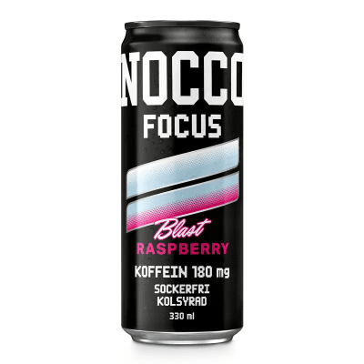 Zoom bild av NOCCO Focus Blast Raspberry 330 ml svart burk med rosa och vit design, 180 mg koffein, sockerfri och kolsyrad