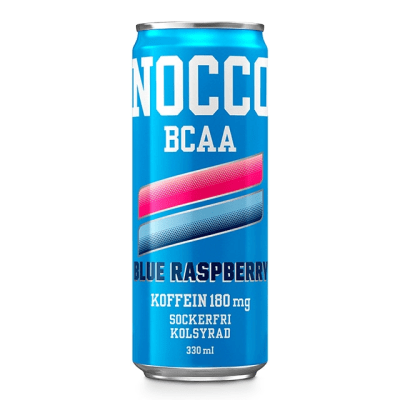 Zoom bild av Blå 330 ml burk av NOCCO BCAA Blue Raspberry med 180 mg koffein, sockerfri och kolsyrad funktionsdryck