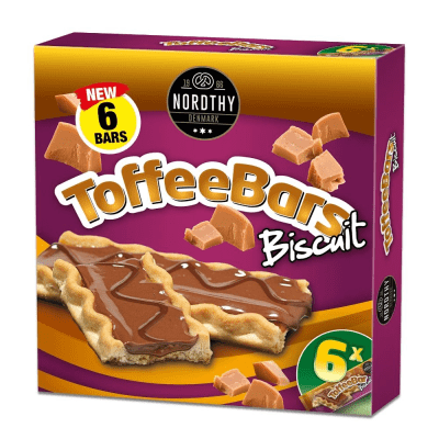 Zoom bild av Nordthy ToffeeBars Biscuit 6-pack i lila och guldig förpackning med kex toppat med karamell och mjölkchoklad