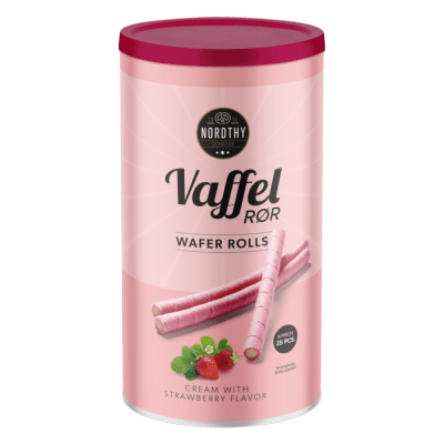 Zoom bild av Nordthy Vaffelror Jordgubb 250g rosa burk med sprödа vaffelrör fyllda med jordgubbskräm, ca 25 st per förpackning