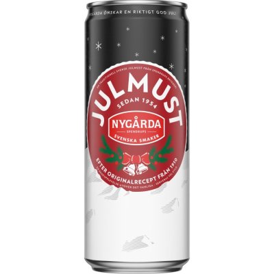 Zoom bild av Nygårda Julmust 33cl burk med svart juldesign, originalrecept sedan 1910, från Spendrups bryggeri