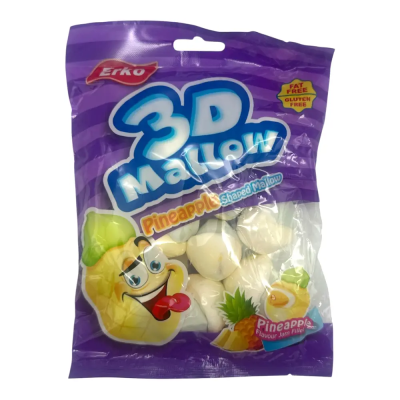 Zoom bild av Erko 3D Mallow Pineapple 80g, lila påse med ananasdoftande halal marshmallows formade som ananaser med jamfyllning