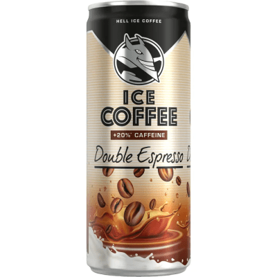 Zoom bild av Hell Ice Coffee Double Espresso 250ml aluminiumburk med arabicakaffebönor och mjölkstänk mot beige bakgrund