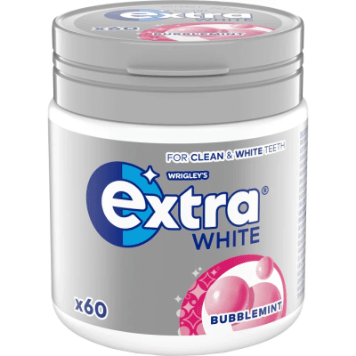 Zoom bild av Wrigley's Extra White Bubblemint sockerfritt tuggummi i vit burk med grått lock, 60 bitar, 84g