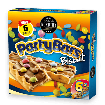 Zoom bild av Nordthy Party Bars Biscuit 6-pack, kexbars med mjölkchoklad och färgglada chokladkulor, dansk produkt från Nordthy