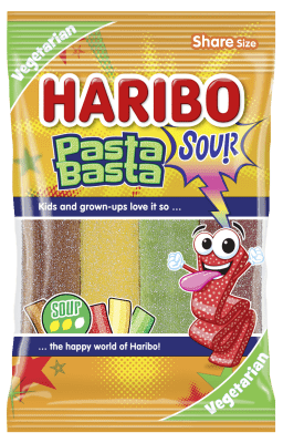 Zoom bild av Haribo Pasta Basta Sour 80g påse med syrliga fruktgummiremsor i flera färger, märkt Vegetarian och Share Size