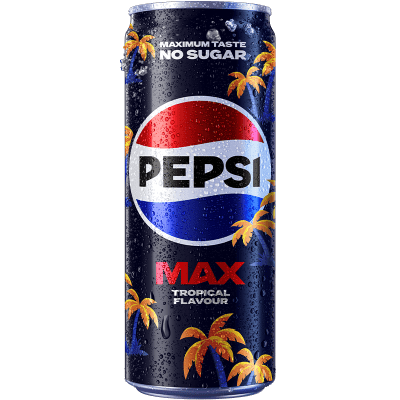 Zoom bild av Pepsi Max Tropical 33cl burk med mörkt blå design, palmträd och texten Maximum Taste No Sugar