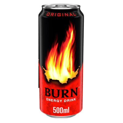 Zoom bild av Burn Energy Drink Original 500ml svart och röd burk med flammemotiv och texten Original