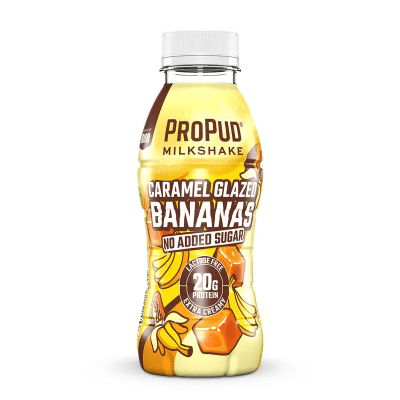 Zoom bild av Propud Milkshake Caramel Glazed Bananas 330ml – proteinshake med banan och karamell i 8-pack.