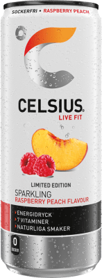 Zoom bild av Celsius Live Fit Sparkling Raspberry Peach 250ml burk, sockerfri energidryck med 7 vitaminer och naturliga smaker, Limited Editi