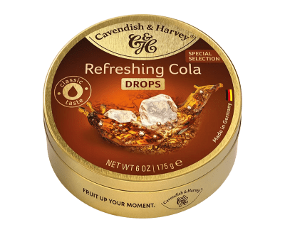 Zoom bild av Cavendish & Harvey Refreshing Cola Drops 175g – colakarameller i plåtask