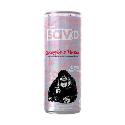 Zoom bild av Clean SAV:D burk 33cl med smak av jordgubb och persika, grå och rosa design med gorilla-motiv