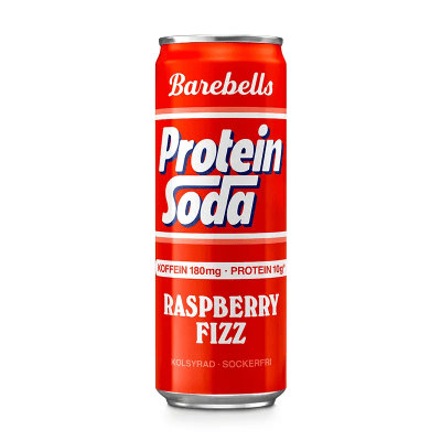 Zoom bild av Röd aluminiumburk Barebells Protein Soda Raspberry Fizz 355ml med text Koffein 180mg och Protein 10g, sockerfri och kolsyrad
