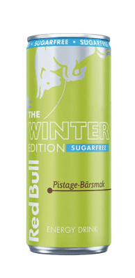 Zoom bild av Red Bull Winter Edition Sugarfree 250ml burk i limegrönt med pistage-bärsmak, säsongsdesign med texten The Winter Edition