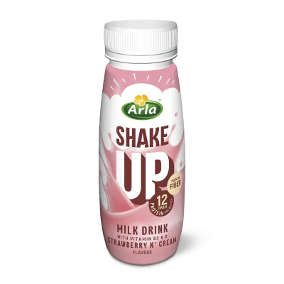 Zoom bild av Arla Shake Up mjölkdryck med smak av jordgubb och grädde i rosa 240 ml plastflaska med vit skruvkork
