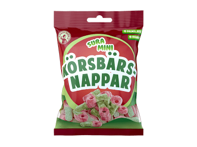 Sura Mini Körsbärsnappar – syrliga gelégodisar, 18-pack à 70g
