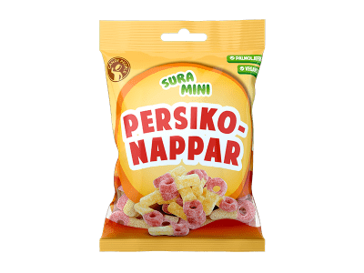 Sura Mini Persikonappar – syrliga gelégodisar med persikosmak, 18-pack à 70g