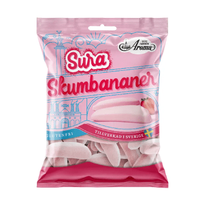 Sura skumbananer med jordgubbssmak – mjukt och syrligt skumgodis i 10-pack.