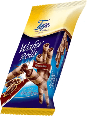 Tago Wafer Rolls Kakos 150g 30-pack – spröda våffelrullar med kakaokräm för kiosker och livsmedelsbutiker
