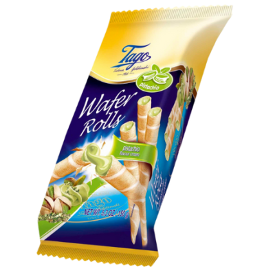 Zoom bild av Tago Wafer Rolls Pistachio 150 g – krispiga waferrullar med pistachiekräm