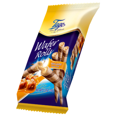 Tago Wafer Rolls Salted Caramel 150g 30-pack – krispiga våffelrullar med salt karamell för kiosker och livsmedelsbutiker