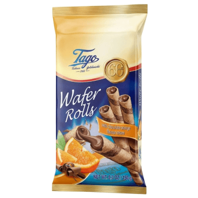 Zoom bild av TAGO Wafer Rolls Apelsin & Choklad 150g förpackning – krispiga rånrullar i 30-pack för återförsäljare