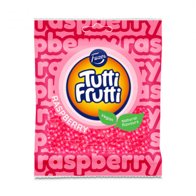 Zoom bild av Tutti Frutti Raspberry 90g – Veganskt hallongodis i 24-pack
