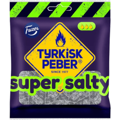 Zoom bild av Tyrkisk Peber Super Salty 80g hårda saltlakritskarameller i 24-pack för kiosker och livsmedelsbutiker