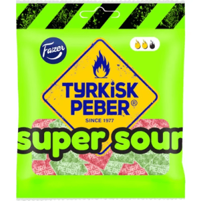 Zoom bild av Tyrkisk Peber Super Sour 80g hårda karameller med sur smak i 24-pack för kiosker och livsmedelsbutiker