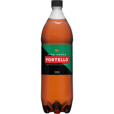 Zoom bild av Portello Zero 150cl PET-flaska med svart kork, grön och svart etikett med röd Portello-logotyp och texten Zero Sugar