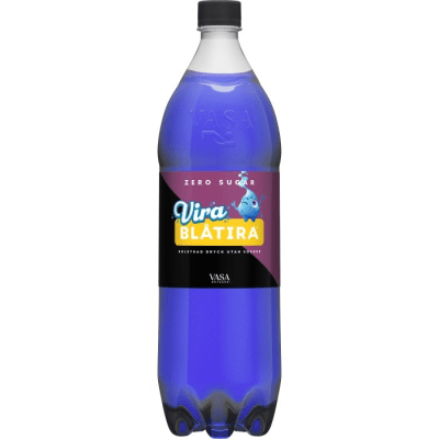 Zoom bild av Vira Blåtira Zero Sugar 150cl PET-flaska med blå kolsyrad dryck och Vasa Bryggeri-etikett