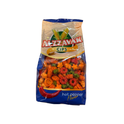 Zoom bild av Alzawwak Cips Hot Pepper Flavour påse med färgglada röda, orange och gröna snacksbitar i olika former