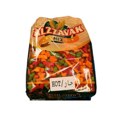Zoom bild av Alzawwak Mix stor påse med etiketten HOT märkt på framsidan, fylld med färgglada blandade snacksbitar
