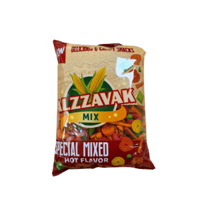Zoom bild av Alzawwak Mix påse med röd förpackning märkt Special Mixed Hot Flavor, fylld med färgglada blandade snacksbitar