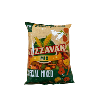 Zoom bild av Alzawwak Mix liten påse med grön och beige förpackning märkt Special Mixed, med färgglada blandade snacksbitar synliga genom för