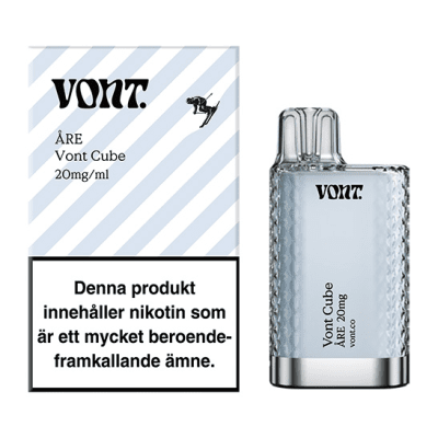 Vont Cube Åre 20mg 10-pack – Tobaksfria nikotinpåsar med intensiv mint- och mentolsmak i blåvit design inspirerad av fjällen.